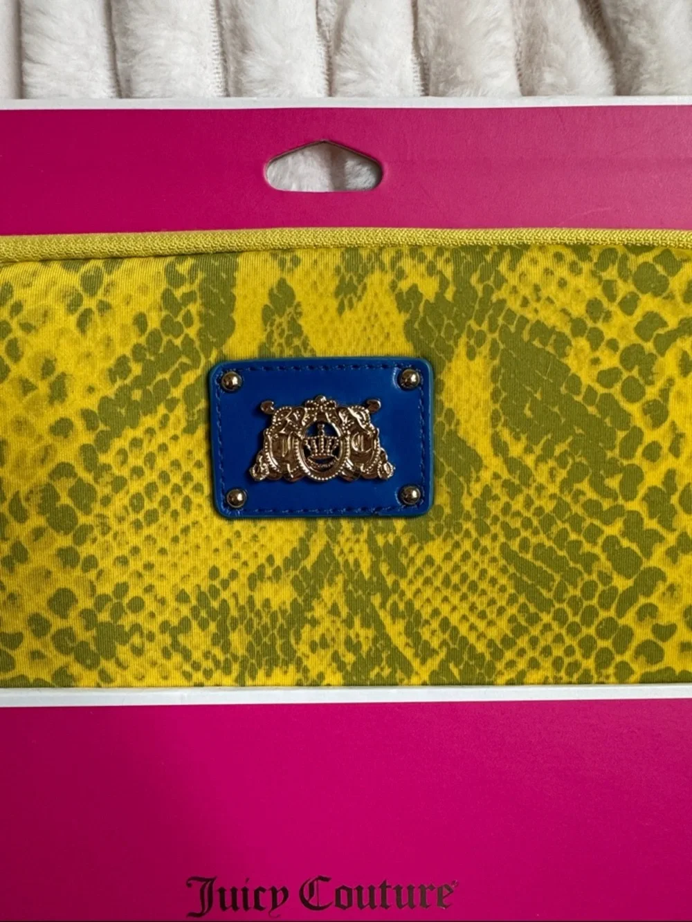 Juicy Couture Yellow Snakeskin-Print Wristlet with Blue Trim